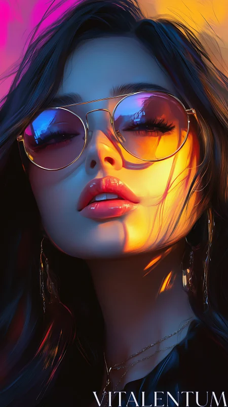 Stylized woman in sunglasses under vivid neon lighting.