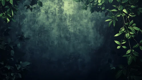 Moody green foliage framing textured dark wall background
