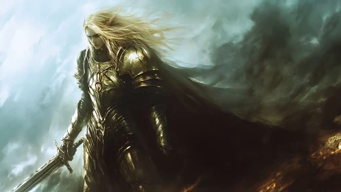Golden elven paladin in ornate plate armor amid stormfront