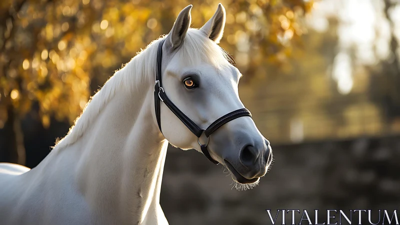 White horse glows softly against warm autumn bokeh light