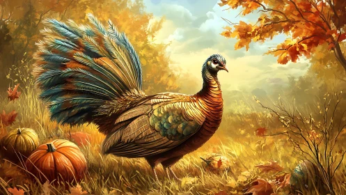 Autumn turkey stroll beneath bright leaves and glowing sky.