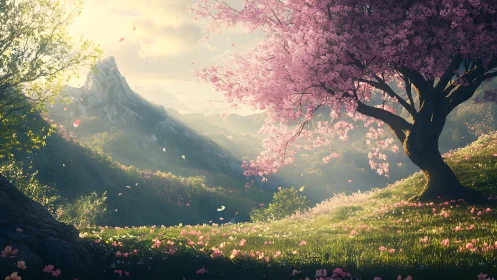 Blooming cherry tree on sunlit alpine valley slope at sunrise