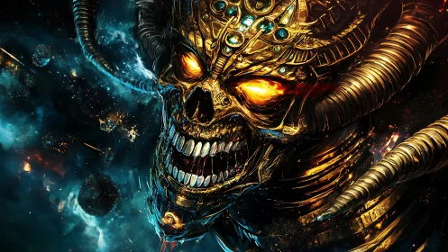 Cosmic horned skull deity blazes with molten golden power.