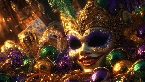 Gilded carnival mask grinning amid jeweled Mardi Gras chaos.