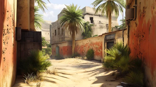 Sunlit desert alley with palm-framed weathered walls.