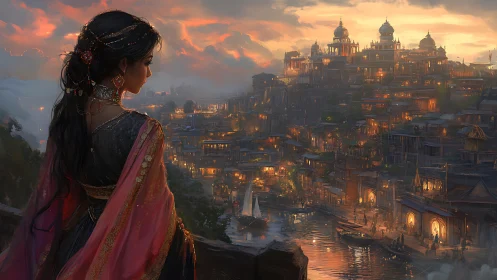 Twilight princess gazing over a glowing riverside cityscape.