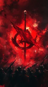 Blazing red banner rises above a solemn gathered army