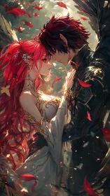 Star-crossed winged lovers amid swirling crimson petals.