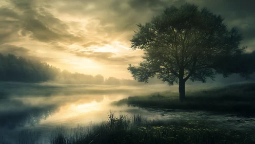 Golden mist welcomes a quiet tree by the peaceful river