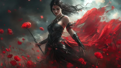 Crimson warrior strides through swirling poppies and stormlight