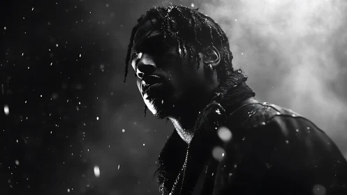 Moody monochrome portrait captures a man in falling snow