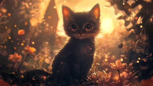 Black Kitten with Luminous Eyes Surrounded by Golden Bokeh Particles
