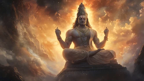 Divine meditative deity seated on pedestal amid fiery clouds