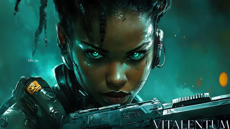 Cybernetic sniper portrait with teal luminescent implants