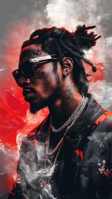 Side-lit portrait integrates vapor plumes and high-contrast red-gray field