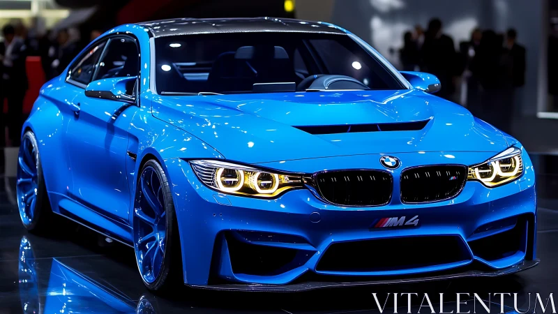Electric blue BMW M4 coupe dominates glossy showroom floor.