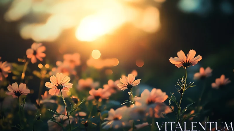 Soft cosmos blossoms hold twilight sunlight in quiet ribbons