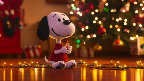 Puppy in red sweater cradles Christmas magic by tree lights.