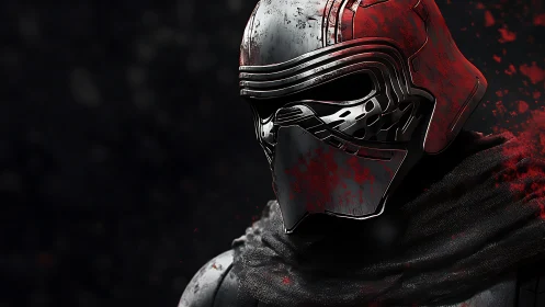 Battle-scarred sci-fi helmet portrait with red impact spatter