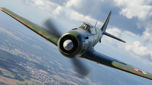 WWII fighter aircraft banking over rural landscape, 3D render.