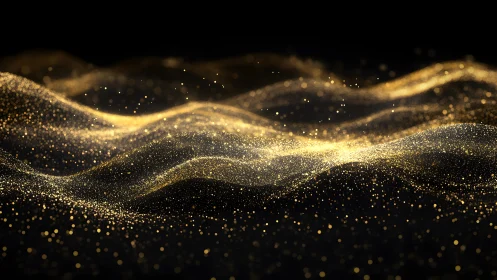 Glittering Golden Particle Waves on Black Background, Abstract Art.