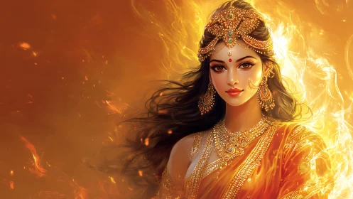 Radiant fire goddess in golden saree and glowing jewels.
