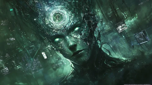 Cybernetic AI entity emerges from a neon data abyss