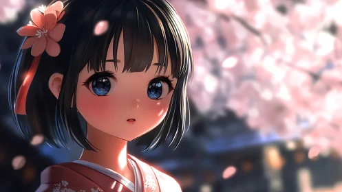 Anime portrait in sakura bokeh with soft cinematic lighting.