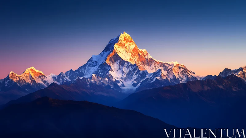 Snowy mountain peak at sunrise above shadowed ridges.