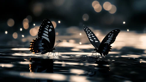 Two dark butterflies stand on reflective water at dusk