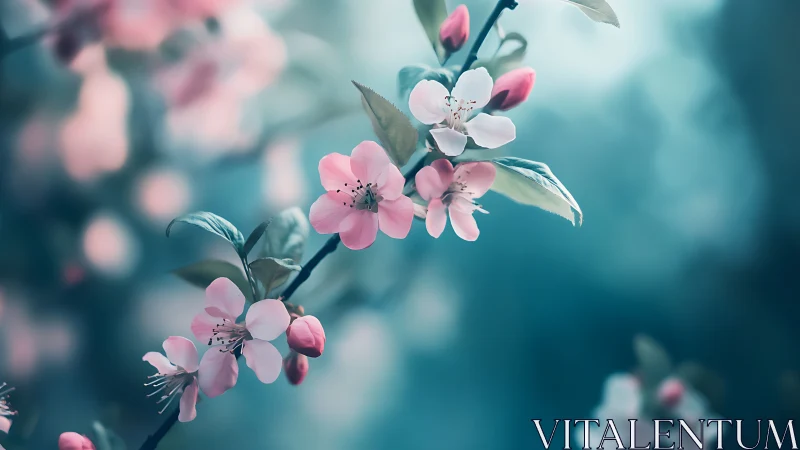 Delicate Pink Blossoms with Teal Bokeh Background.