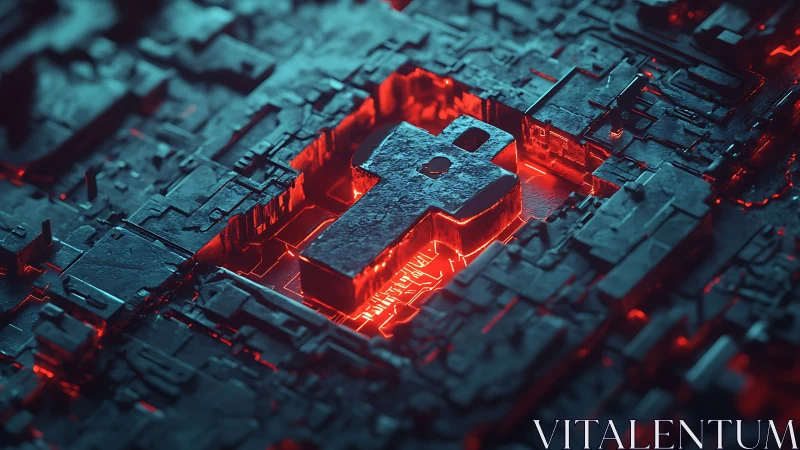 Futuristic metallic key slot on glowing red cyber circuit core