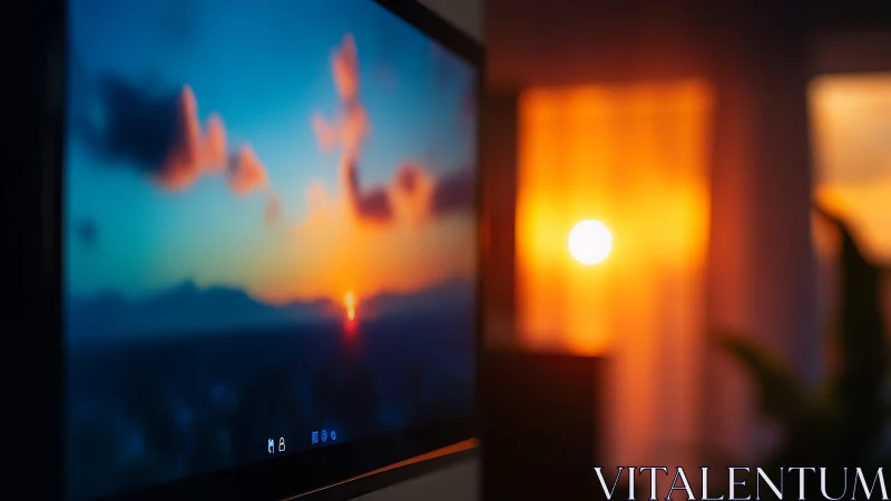 Sunset display contrasts glowing window light indoors