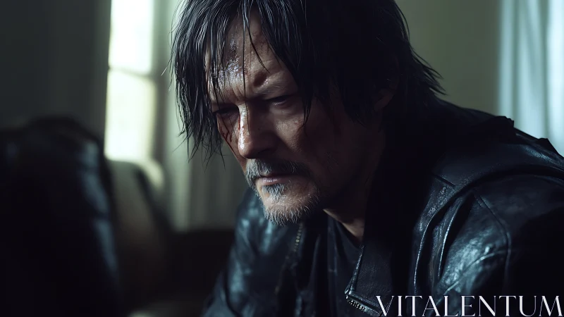 Weathered man in leather jacket reflects in dimly lit room.