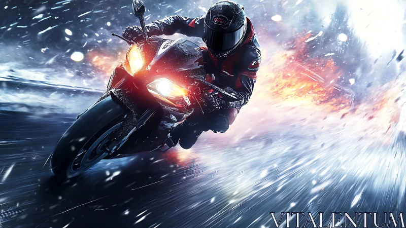 Superbike rider leans into wet track with cinematic fire trail.