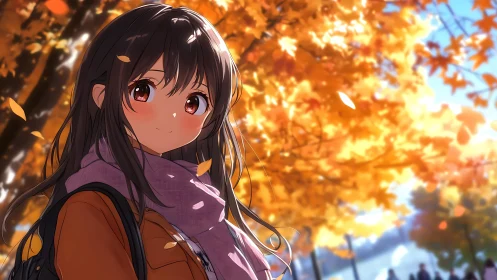 Autumn anime girl in scarf beneath golden backlit maple canopy