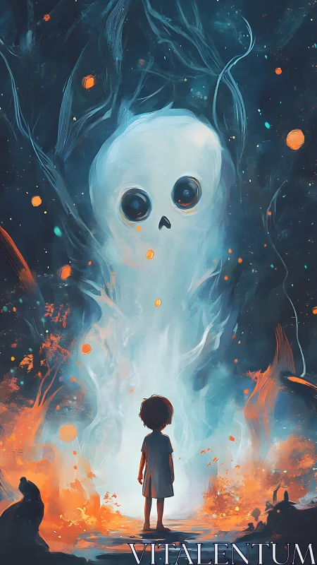 Child meets gentle ghost in a glowing forest doorway.