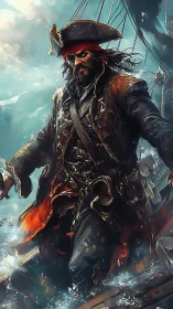 Storm‑scarred pirate strides through raging sea spray. Period.