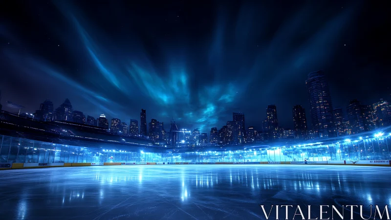 Urban night ice rink under aurora-lit metropolitan skyline.