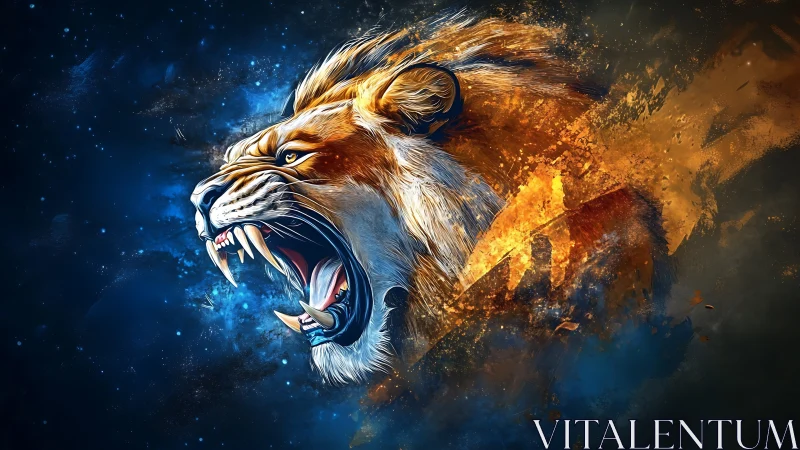 Roaring cosmic lion bursting through fire and starlight.
