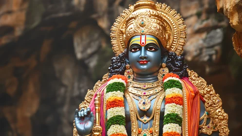 Radiant blue deity statue adorned with flowers and gold.