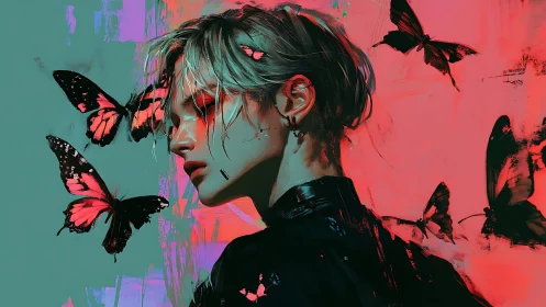 Neon portrait merges figure with surreal crimson butterflies.