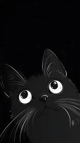 Black cat head with wide eyes rendered in monochromatic line art style.