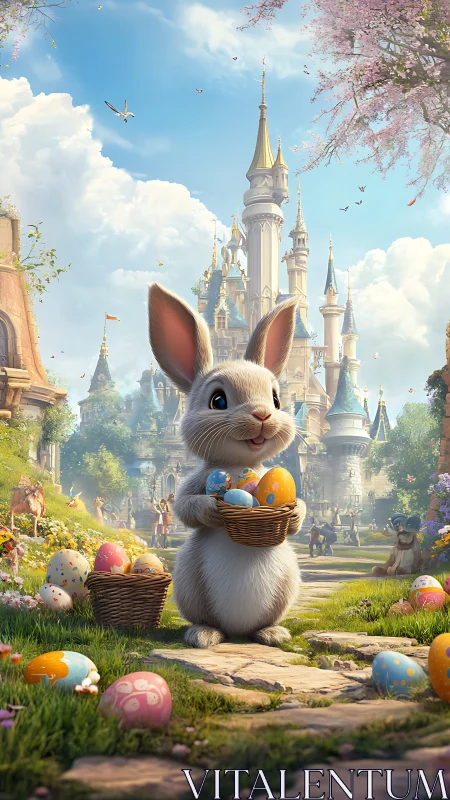 Cute Easter bunny holding colorful eggs in fantasy village.