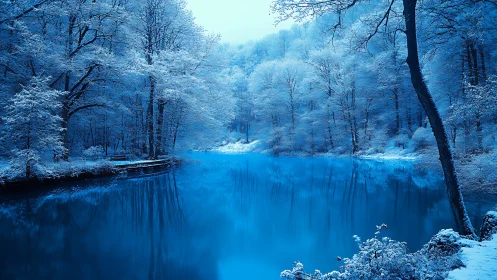 Blue hush over the winter river, frozen in quiet light.