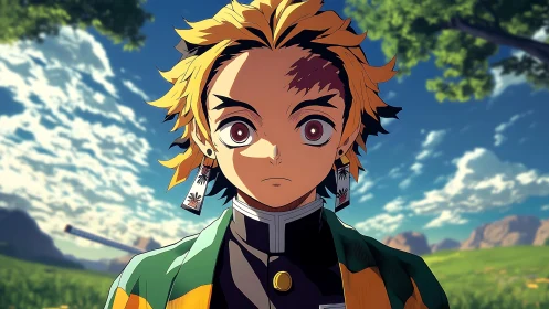 Anime swordsman portrait with dramatic outdoor lighting.