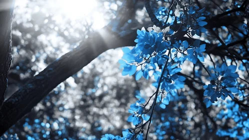 Blue blossoms glow softly beneath gentle forest sunlight
