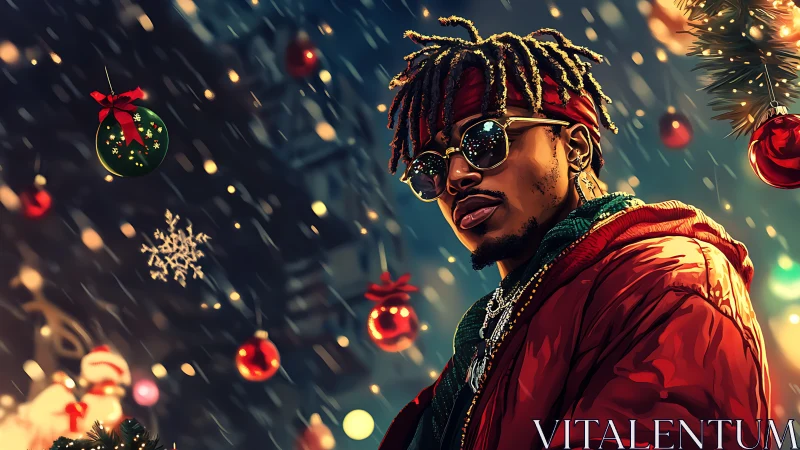 Holiday streetlight swagger in neon-slick snowfall magic.