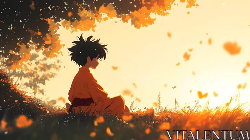 Solitary child in orange robe seated under backlit foliage.