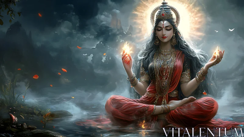 Divine goddess in red sari meditates with radiant elemental flames